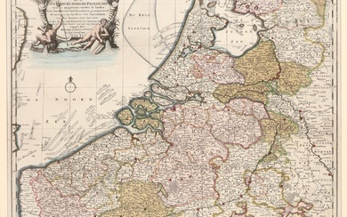 [Pays-Bas]. "Nieuwe Kaart van de XVII Nederlandsche Provincien". Carte engr. manuscrite avec cartouche, 58,5x50 cm,...