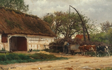 Peder Mønsted: Farmhouse exterior with a farmer feeding his cattle. Signed and dated P. Mønsted 1882. Oil on canvas. 28.5×46 cm.