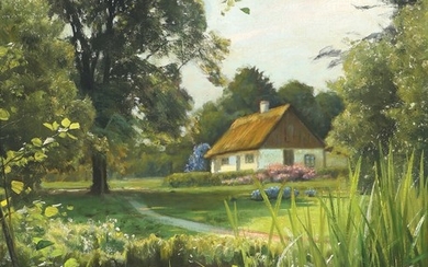 Peder Mønsted: Summer landscape with a thatched house at a stream. Signed and dated P. Mönsted, Vexebogaard 13–9-1922. Oil on canvas. 48×40 cm.