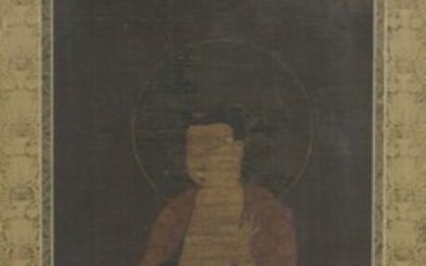 Peinture à l'encre et couleur sur papier Japon, époque Edo (1603-1867) Représentant un bouddha auréolé...