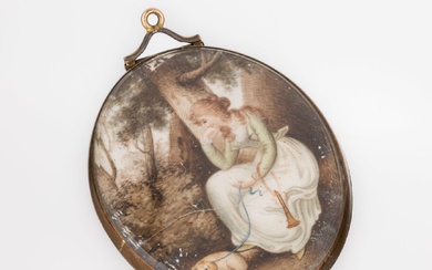 Pendentif peinture miniature, France probablement vers 1830, cuivre, ovale, peinture d'une jeune femme avec un...