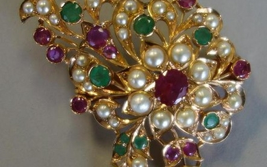 Persian Ruby, Emerald & Pearl 14K Gold Brooch