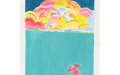 Peter Max Acrylic Painting "Umbrella Man with Rainbow Sky"