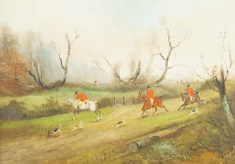 Philip Henry Rideout, British 1860-1920- Hunting scenes; oils on board, six, ea. signed and dated 1890 (lower right), ea. 21 x 30.5 cm (6)