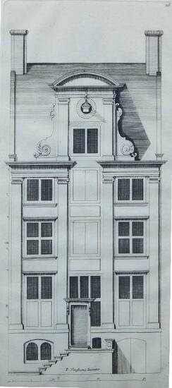 AMENDMENT: Please note VAT is payable on the hammer price for this Lot.Philips Vingboons, Dutch 1607-1678- Architectural elevation with central hanging lamp; engraving, 32 x 14.5 cm