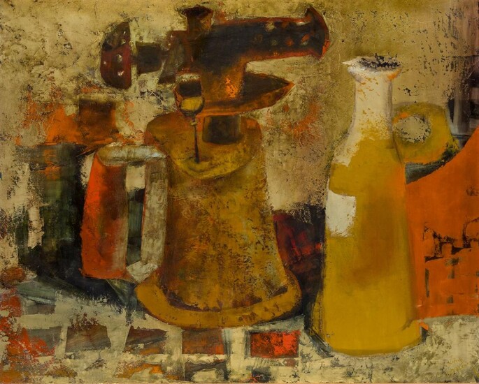 Pierre Lavarenne, French b.1928- Still life, jugs on table; oil on canvas, signed lower right, 64x80cm (ARR) Provenance: The Piccadilly Gallery, London; Private Collection, London