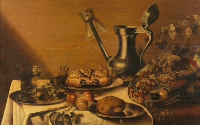Pieter Claesz, 1596/98 Berchem, Antwerpen – 1660/61 Haarlem, zug., GROSSES STILLLEBEN MIT ZINNKANNE, WEINGLÄSERN, KREBS UND FRÜCHTEN