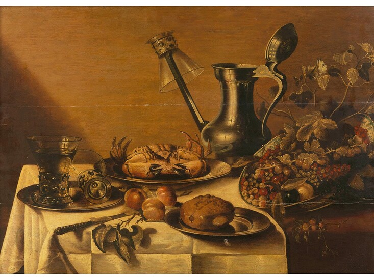 Pieter Claesz, 1596/98 Berchem, Antwerpen – 1660/61 Haarlem, zug., GROSSES STILLLEBEN MIT ZINNKANNE, WEINGLÄSERN, KREBS UND FRÜCHTEN