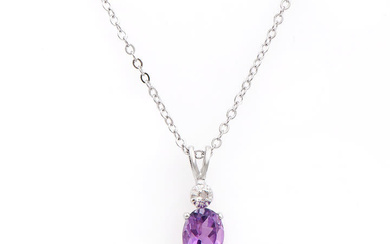 Plated Rhodium 1.03ctw Amethyst and Diamond Pendant with Chain