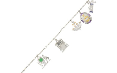 Platinum, Gold, Enamel, Gem-Set and Diamond Charm Bracelet