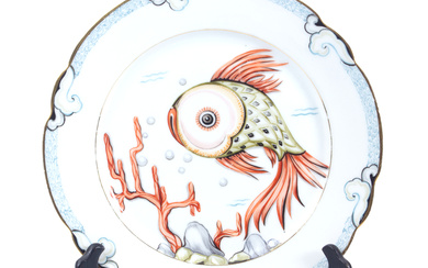 Porcelain decorative plate "Fish" 20th century 30's. KPM, porcelain factory, Latvia. Porcelain, gilding, painting - handmade. Author Olga Neimane-Kateņeva (1908-2001). Diameter 24.7 cm