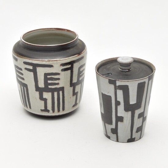 Pottery vase and sugar bowl with abstract decoration,...
