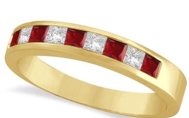 Princess-Cut Channel-Set Diamond and Ruby Ring Band 14k Yellow Gold