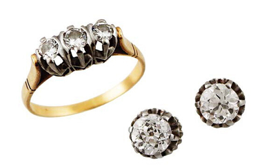 RING AND EARRINGS in yellow gold, platinum and...