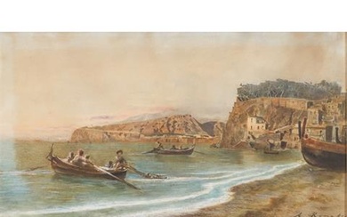 ROMAKO, ANTON (1832 – 1889), "Italienische Küstenlandschaft mit Fischerbooten", 2. Hälfte 19. Jh.