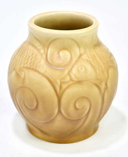 ROYAL LANCASTRIAN; a globular vase moulded with fish, impressed marks...