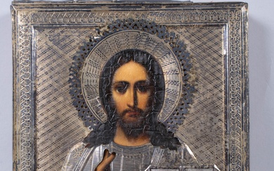 RUSSIAN, MOSCOW, 1908-1917, MAKER'S MARK EY , ICON OF CHRIST PANTOCRATOR, 8 5/8 x 7 in. (21.9 x 17.8 cm.)