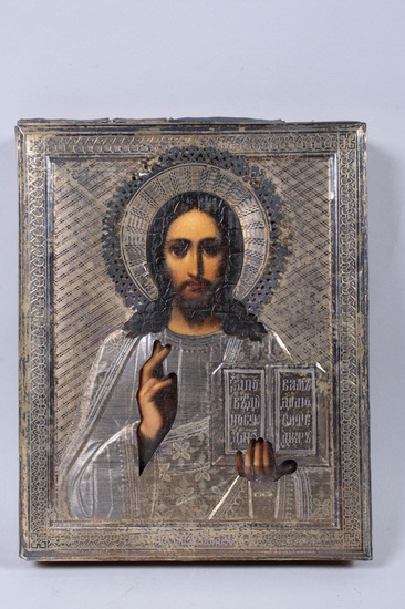 RUSSIAN, MOSCOW, 1908-1917, MAKER'S MARK EY, ICON OF CHRIST PANTOCRATOR, 8 5/8 x 7 in. (21.9 x 17.8 cm.)