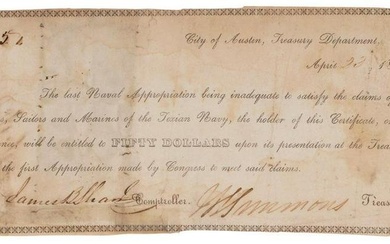 Rare Low Number Republic of Texas Navy Issue Treasury Bond, No. 51