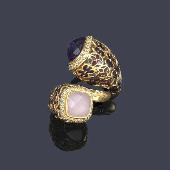 Ring with pink quartz and amethyst, diamonds and enamel