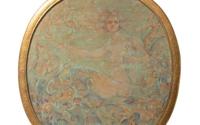Robert Lewis Reid (American, 1862-1929) Art Nouveau Oval Oil on Canvas, "Mermaid Under the Sea", H