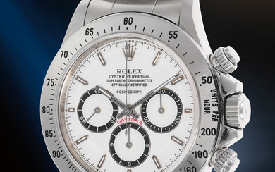 Rolex, Ref. 16520; inside caseback stamped 16500 A highly rare and attractive stainless steel chronograph wristwatch with ‘porcelain’ dial, ‘floating’ logo, and bracelet