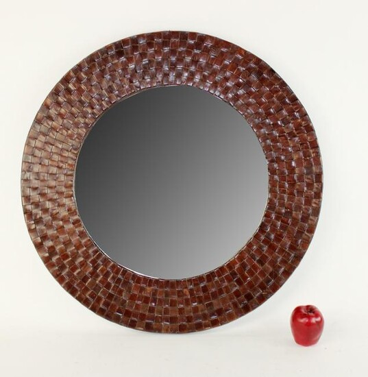 Round woven leather wall mirror
