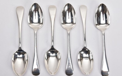 SIX SILVER TABLESPOONS, Old English pattern tablespoons, five hallmarked...