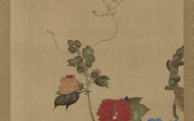 SUZUKI KIITSU (1796-1858) Hydrangea, Lily and Hollyhock