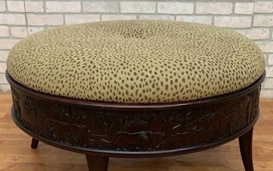 Sam Moore Round Cocktail Ottoman With Carved Frame and Cheetah Print Upholstery