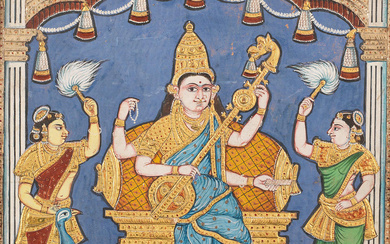 Sarasvati with two attendants South India, perhaps Mysore, early 20th...
