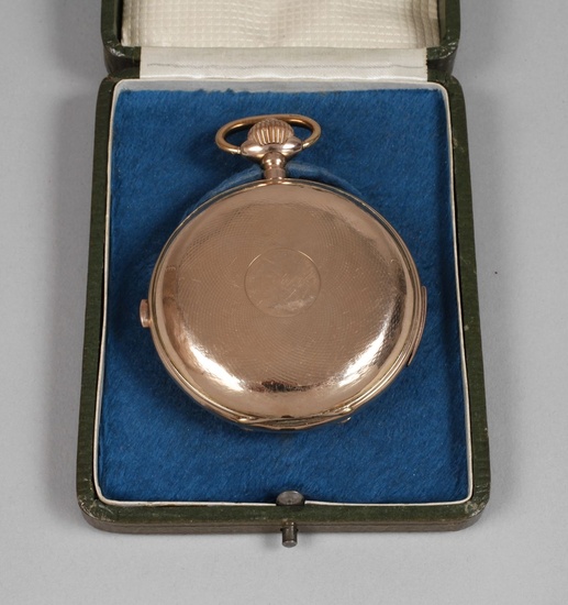 Savonnette "Grande Complication" en or Suisse, vers 1900, boîte guillochée en or rouge à trois...