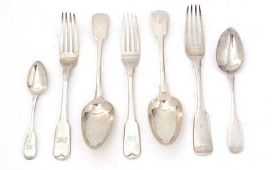 Scottish Provincial silver fiddle pattern flatware, various spoons.