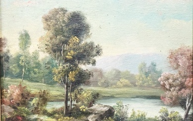 Scuola italiana dell'800 ''Paesaggio lacustre con bosco''. Dipinto ad olio...