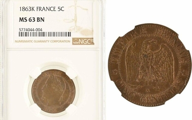 Second Empire, five centimes head laureate, 1863 Bordeaux, NGC MS63...