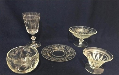 Set of Antique Etched Crystal, Goblet, Bowls