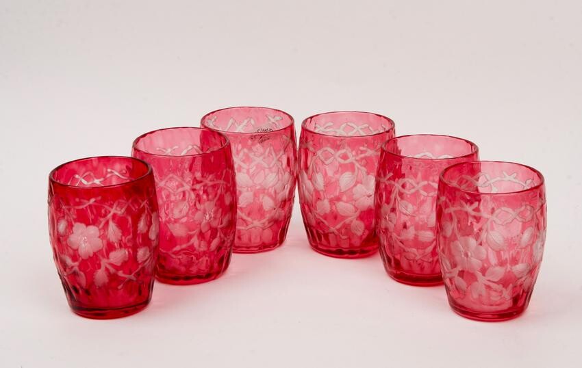 Set of Early Etched Ruby Glasses (6)