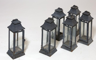 Set of six small ebonized metal hanging lanterns
