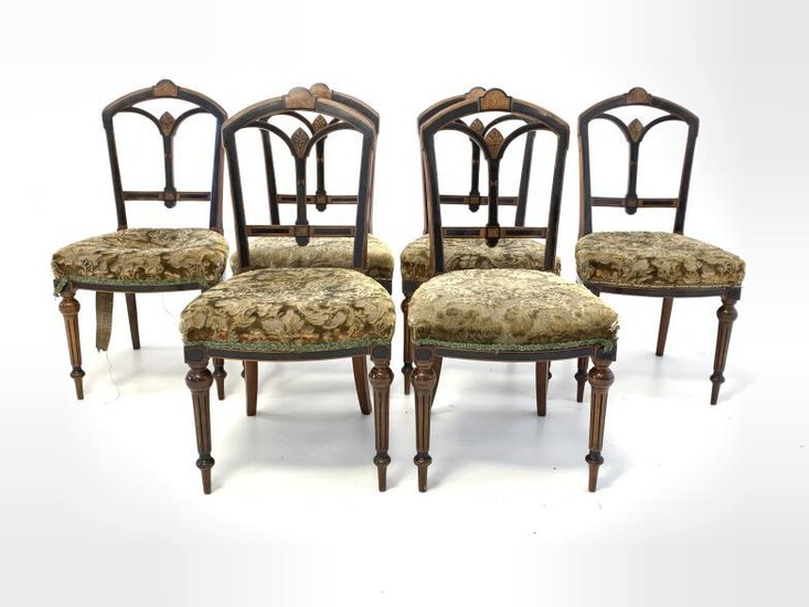 Set six late Victorian walnut and ebonised dining chairs,...
