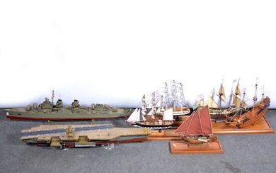 Seven kit-built and scratch-built model galleons and war ships