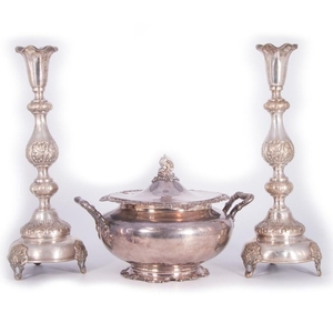 Silver Plate Tureen and Pair of Candlesticks.