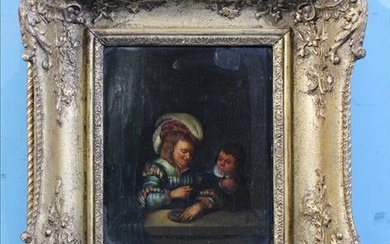 Small antique oil on board of English mother and son, 15 x 12