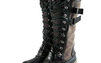 Sorel Conquest Carly II Waterproof Boots In Gray Suede and Black Leather Trim