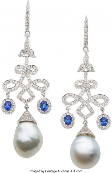 South Sea Cultured Pearl, Diamond, Sapphire, White Gold