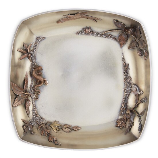 Sterling silver and mixed metal Japanese-style square bowl Gorham Mfg. Co., Providence, RI, date mark 1880
