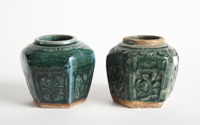 TWO GREEN GLAZED AND PATTERNED ORIENTAL JARS / POTS, H.10CM, LEONARD JOEL LOCAL DELIVERY SIZE: SMALL