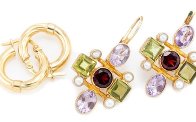 TWO PAIRS OF GOLD AND SILVER GILT EARRINGS; pair of 9ct hoops, wt.1.32g, other silver gilt set with cultured pearls a garnet, amethy...