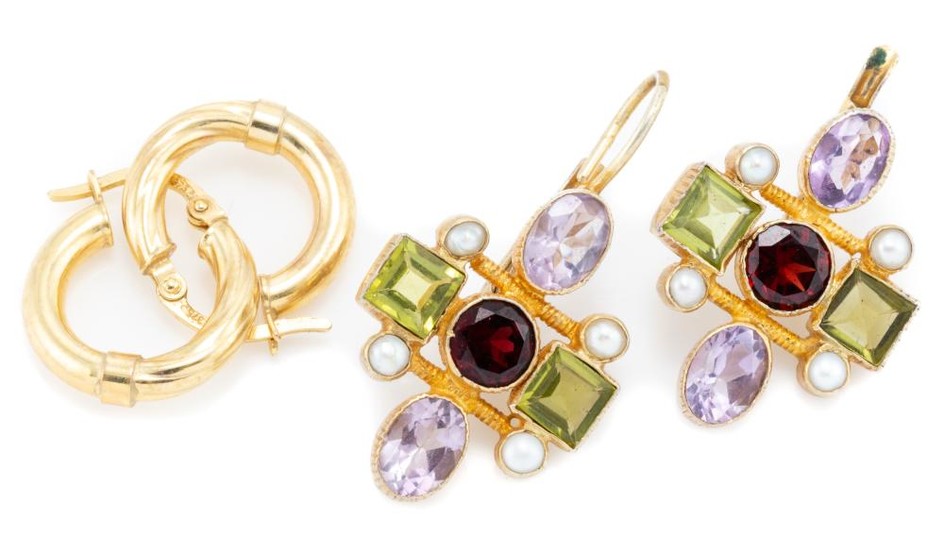 TWO PAIRS OF GOLD AND SILVER GILT EARRINGS; pair of 9ct hoops, wt.1.32g, other silver gilt set with cultured pearls a garnet, amethy...