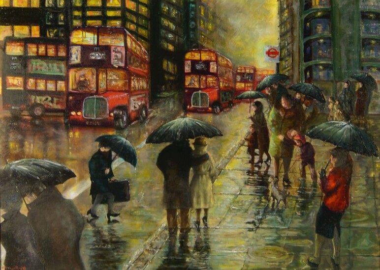 Taylor, British school, mid-late 20th century- London street scene, 1998; oil on canvas, signed and dated lower left, 45.5 x 61 cm