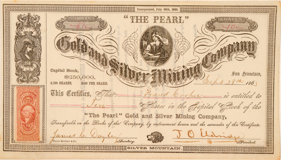 "The Pearl" Gold & Silver Mining Co. Stock Certificate, Silver Mountain, 1863 #100987
